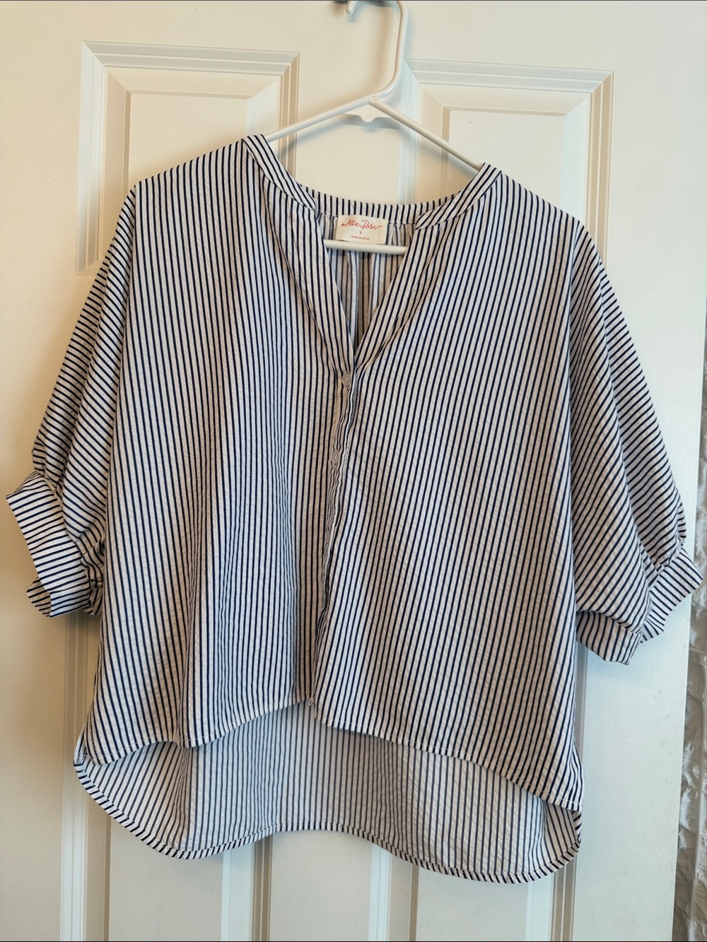 Striped V-Neck Relaxed Blouse in Navy & White